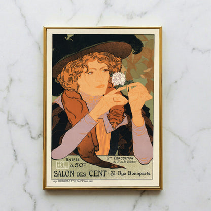 Vintage-Kunstdruck einer eleganten Dame mit großem Hut und Blume im Jugendstil.