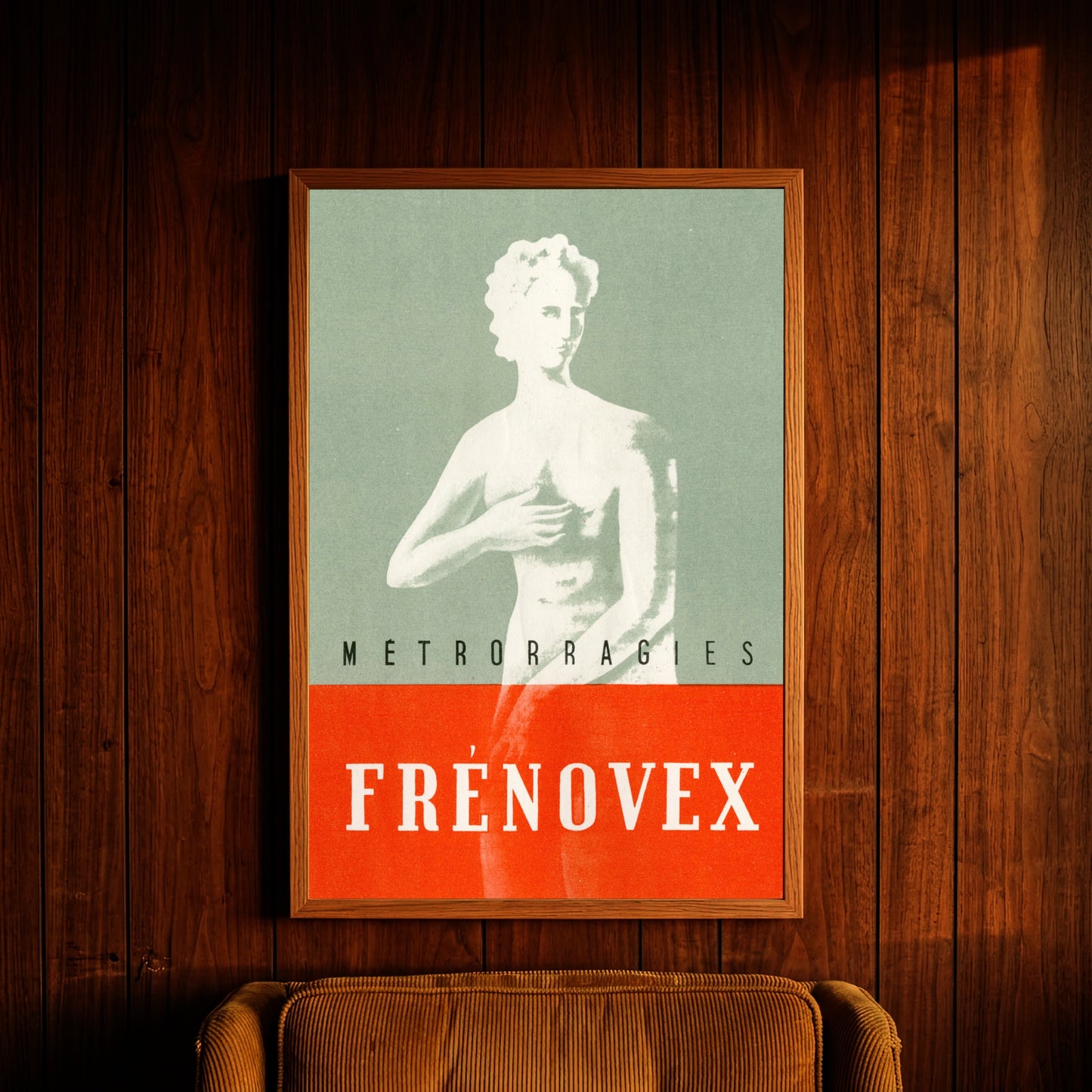Vintage französisches Werbeplakat Frénovex mit einer weißen Statue auf grünem und orangefarbenem Hintergrund.
