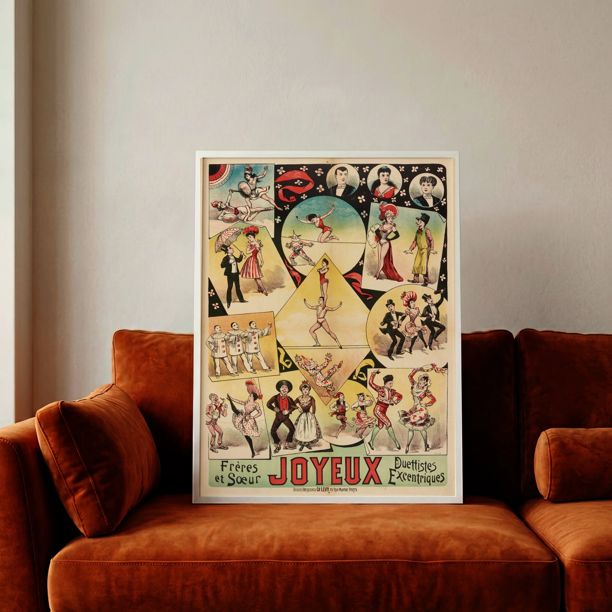 Detailreiche Lithografie der Frères et Sœur Joyeux mit Clowns, Tänzern und Seiltänzern.
