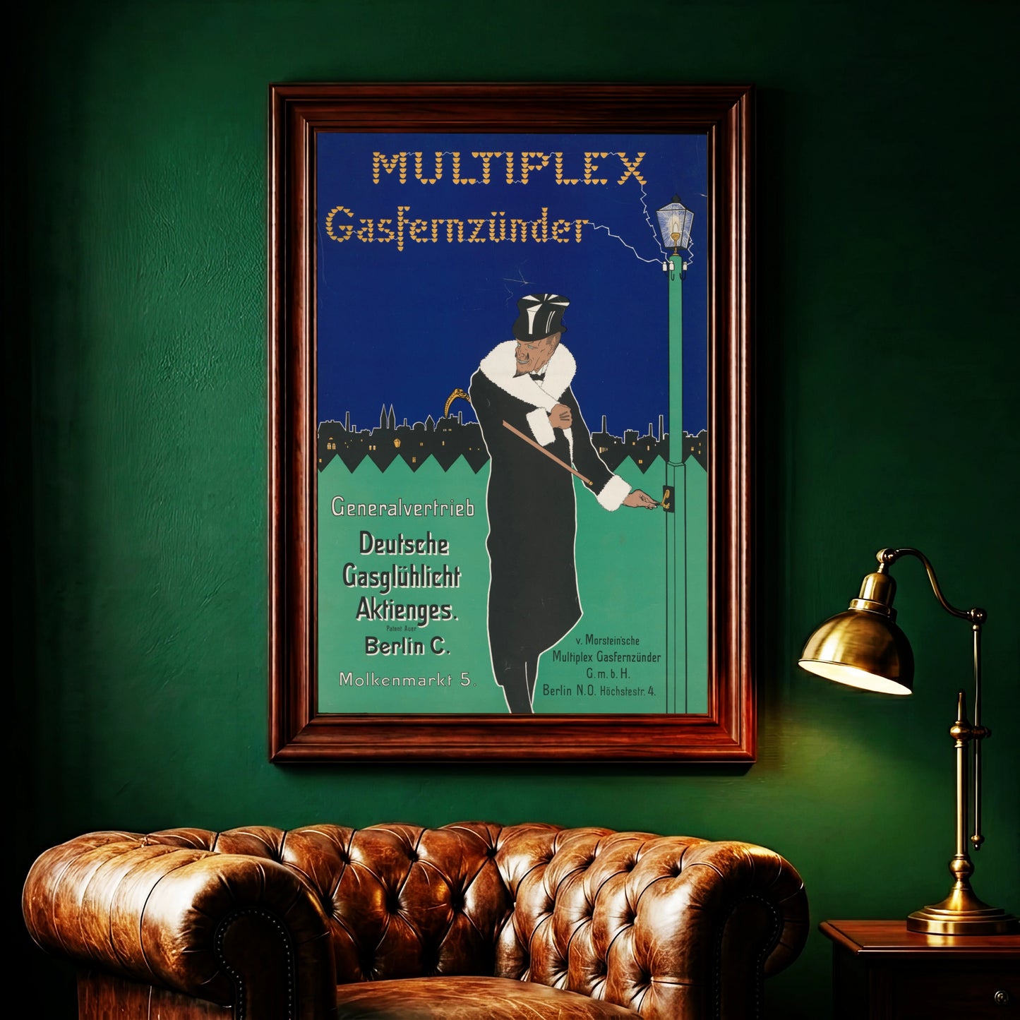 Vintage Jugendstil-Werbeplakat für Multiplex Gasfernzünder von Fritz Rehm 1897.