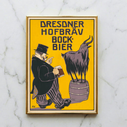 Detailgetreue Reproduktion eines antiken Dresdner Hofbräu Werbeplakats auf mattem Papier.