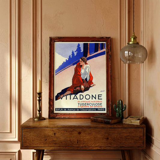 Detailansicht der Art Deco Typografie des Vitadone Posters von Byla Paris.