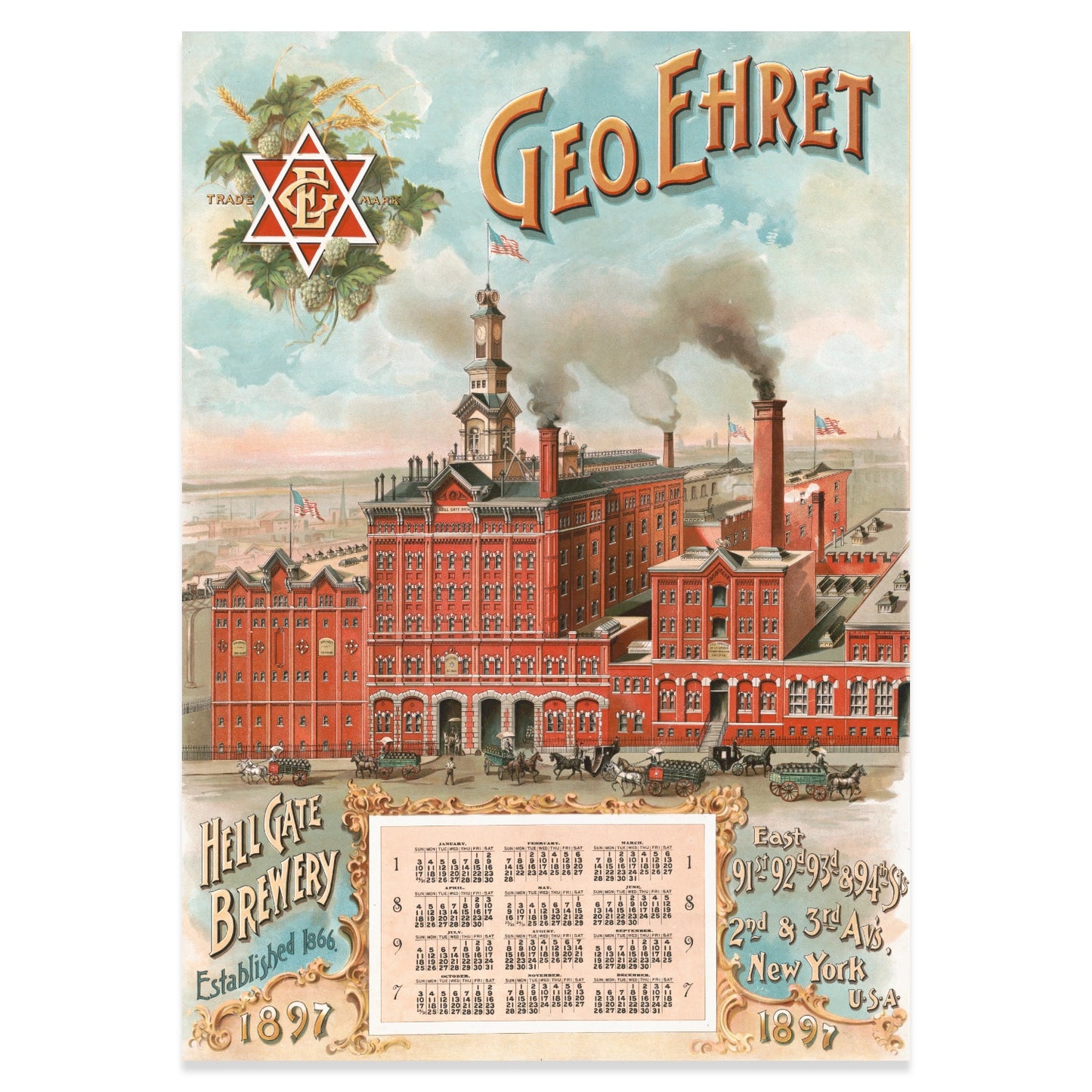Antikes New Yorker Werbeplakat für George Ehret Bier mit Stadtansicht und Brauereigebäude.