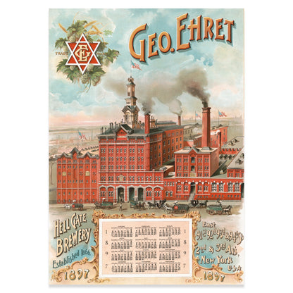 Antikes New Yorker Werbeplakat für George Ehret Bier mit Stadtansicht und Brauereigebäude.