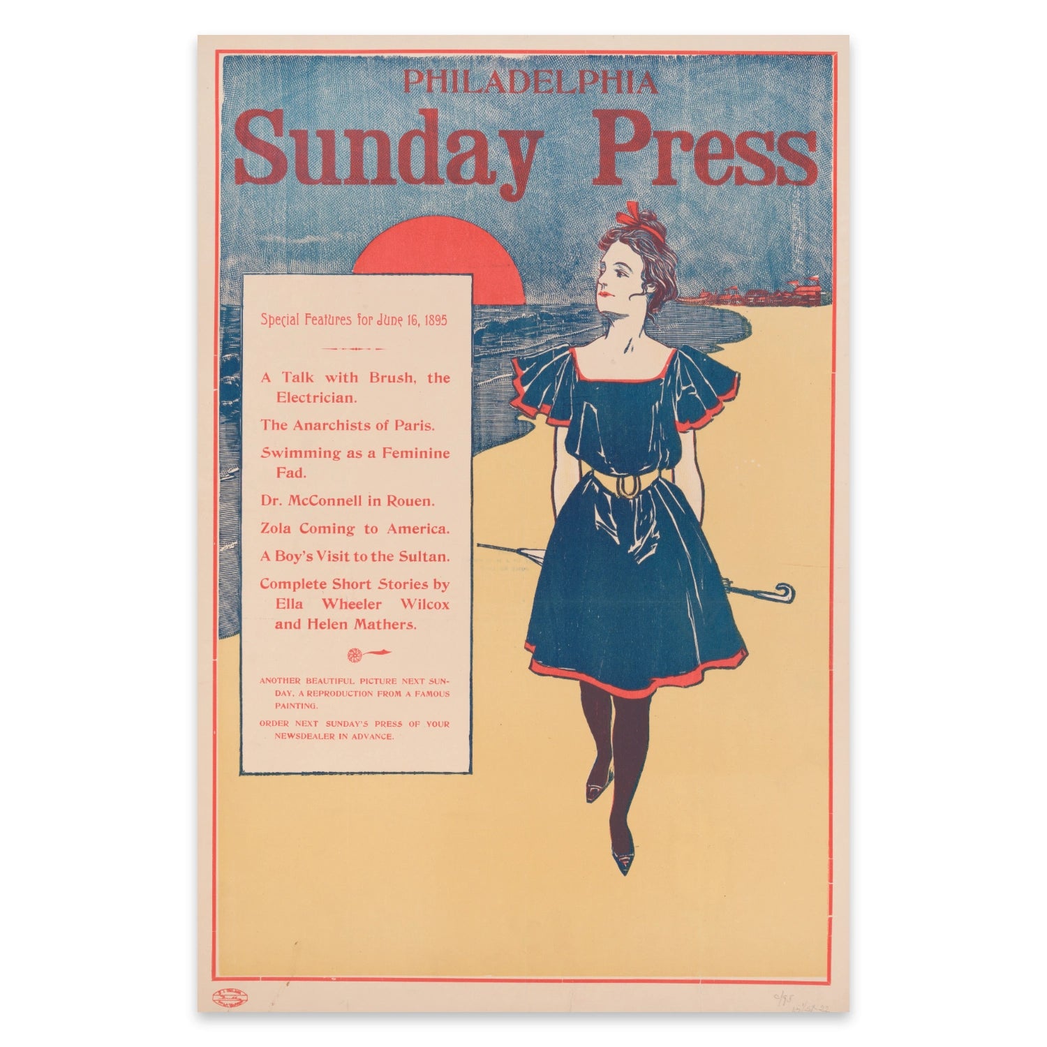 Retro Zeitungsplakat von George Reiter Brill im Stil der späten 1890er Jahre.