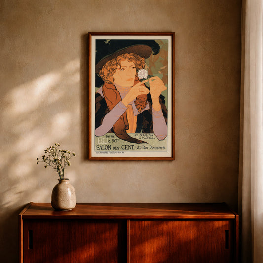 Nahaufnahme einer Frau mit Pelzstola und Rose auf einem Art-Nouveau-Plakat von 1896.