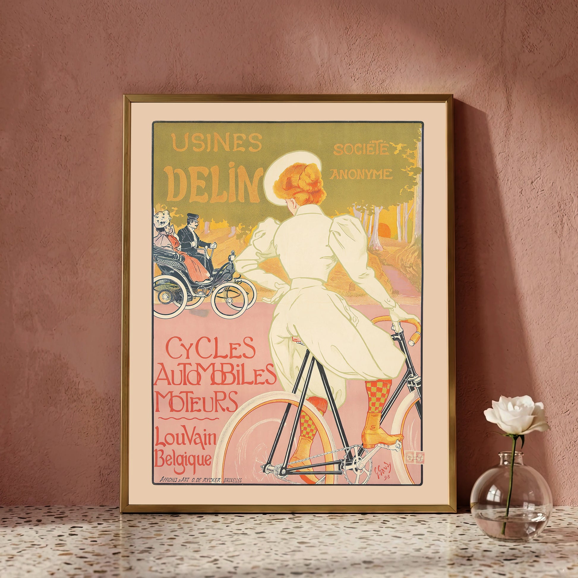 Georges Gaudy Lithografie für Usines Delin Fahrräder und Motoren von 1898.
