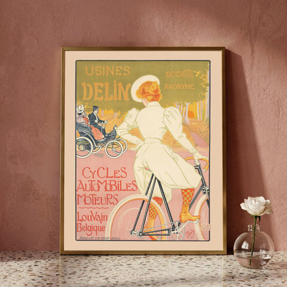 Georges Gaudy Lithografie für Usines Delin Fahrräder und Motoren von 1898.