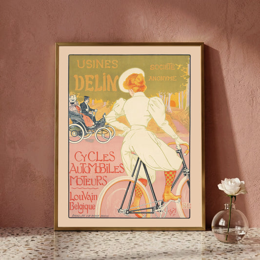 Georges Gaudy Lithografie für Usines Delin Fahrräder und Motoren von 1898.