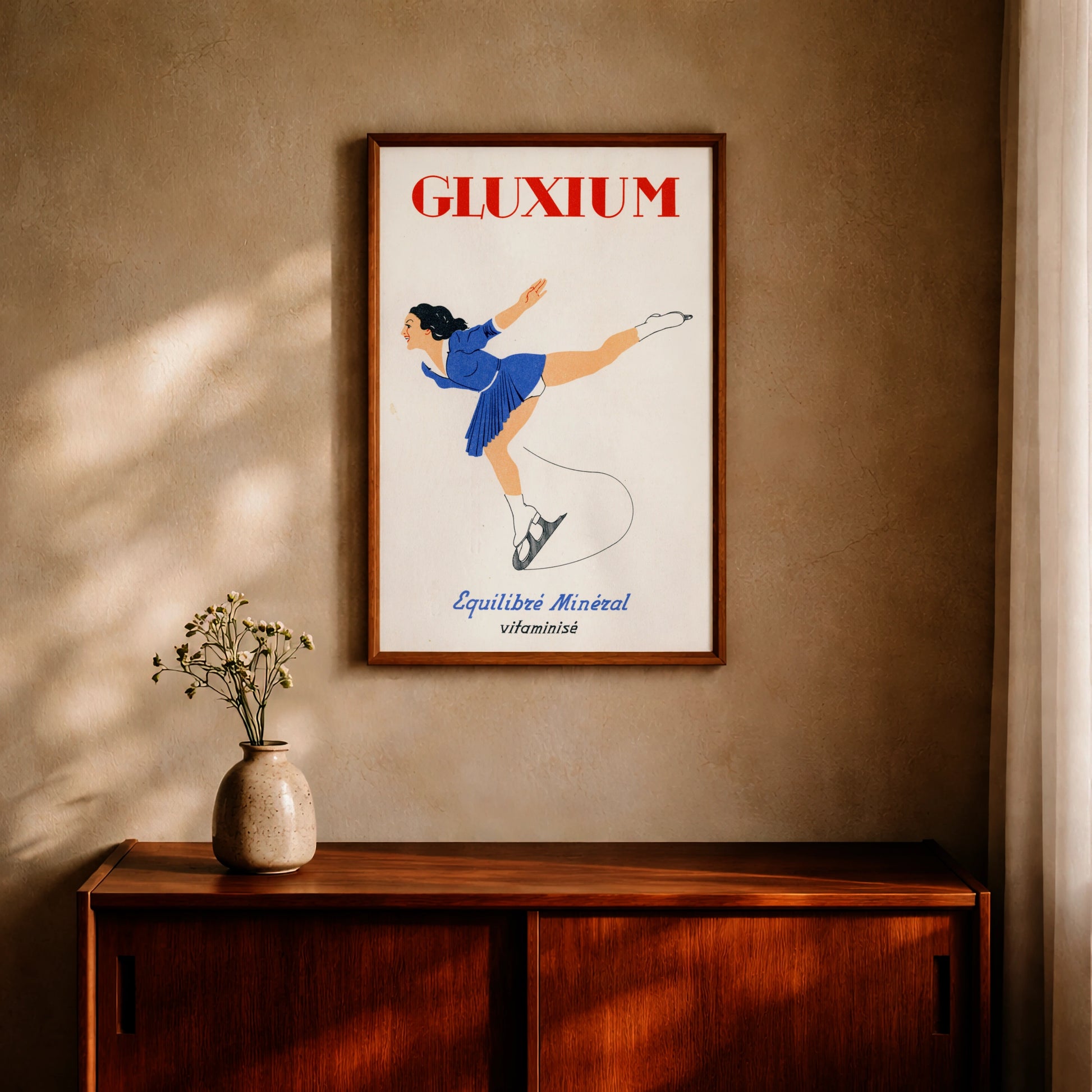 Vintage Werbeplakat für Gluxium mit einer Eiskunstläuferin in einer Arabesque-Pose.