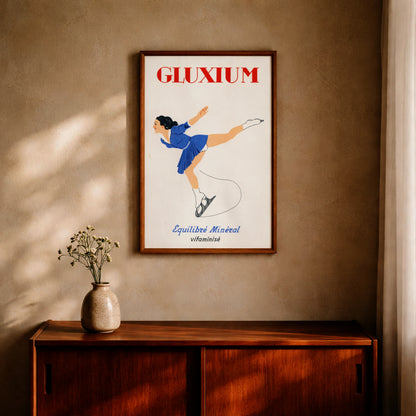 Vintage Werbeplakat für Gluxium mit einer Eiskunstläuferin in einer Arabesque-Pose.