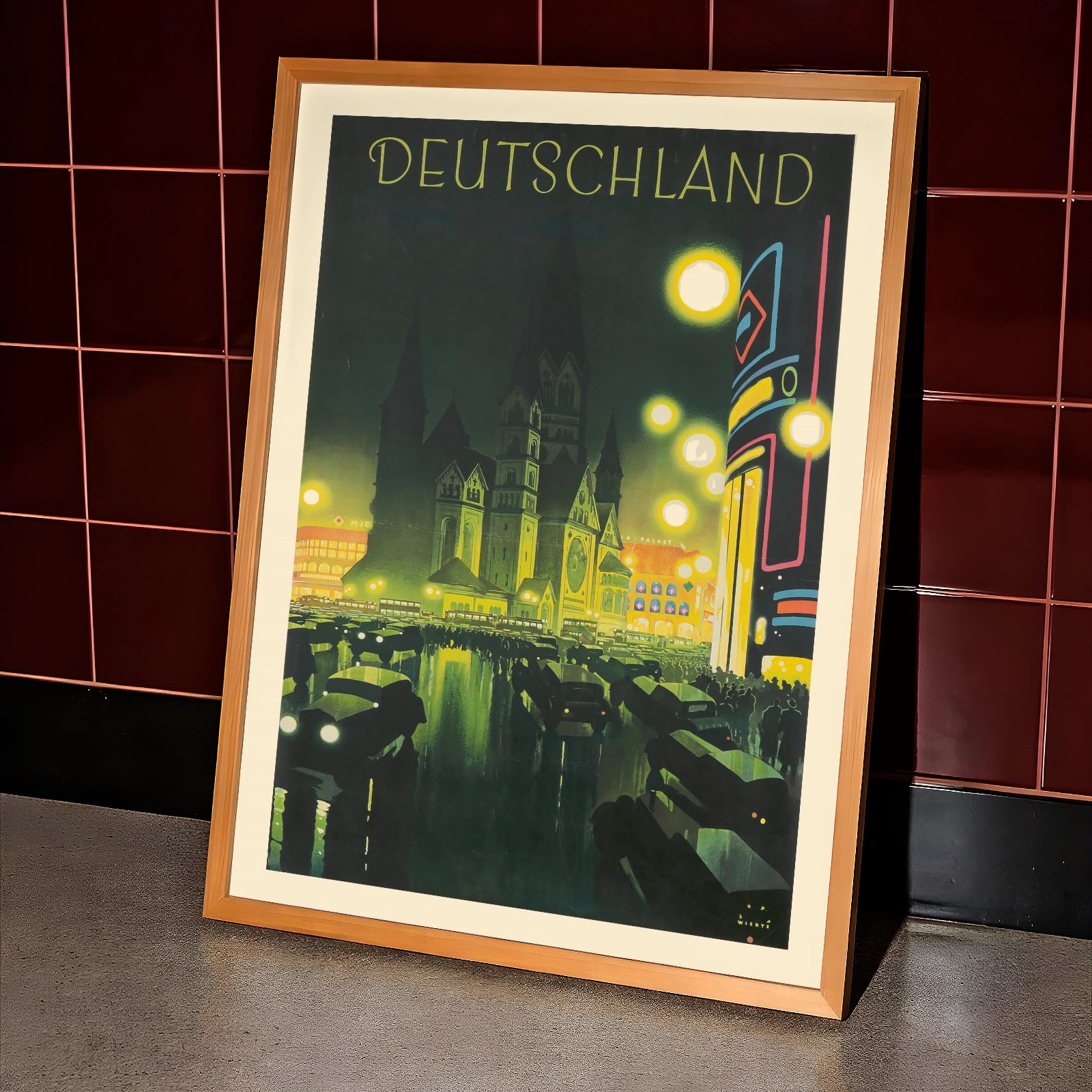Detailansicht eines Vintage-Plakats mit Autoscheinwerfern im nächtlichen Berlin der 1920er Jahre.