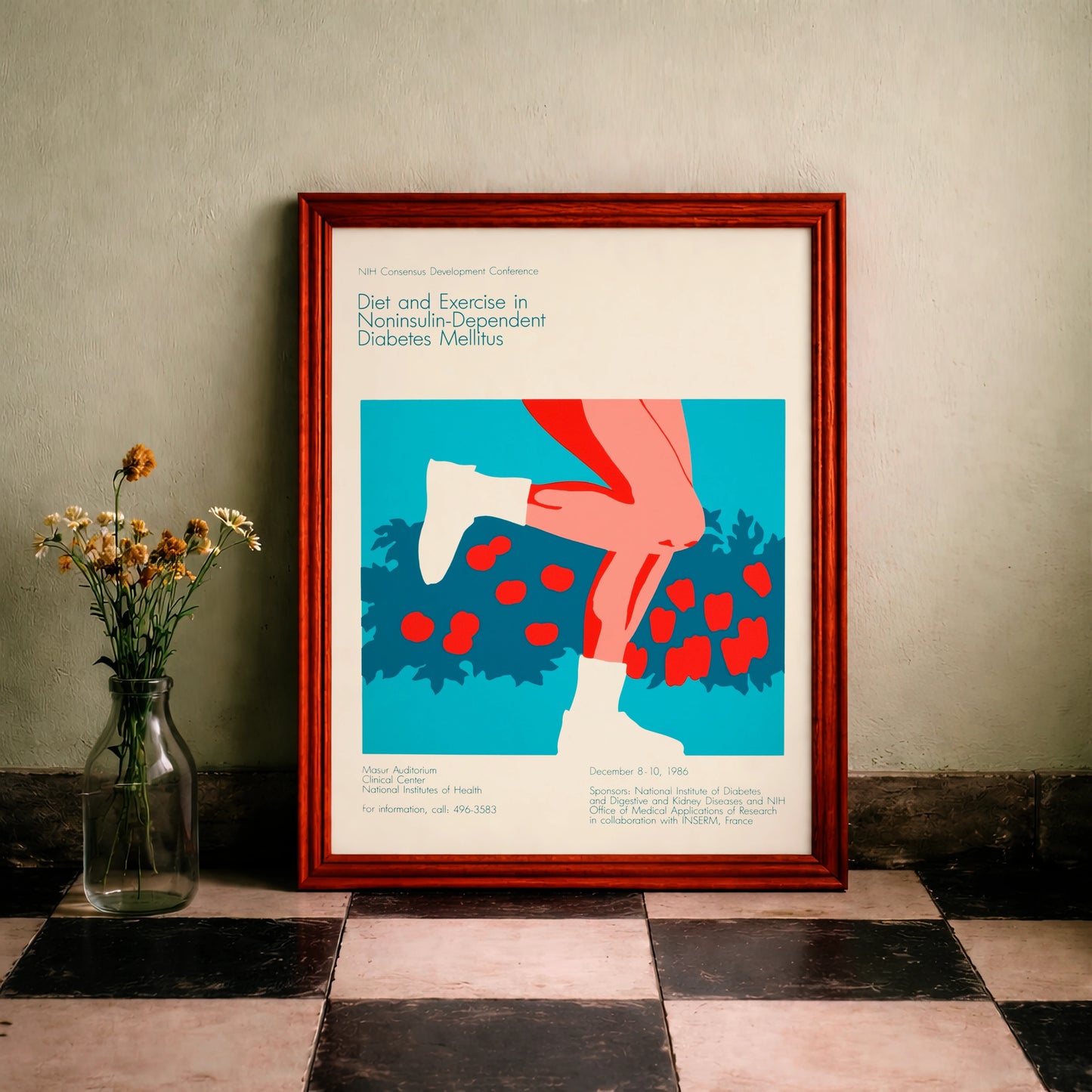 Grafisches Retro-Poster in T&uuml;rkis, Rot und Wei&szlig; mit medizinischem Text.