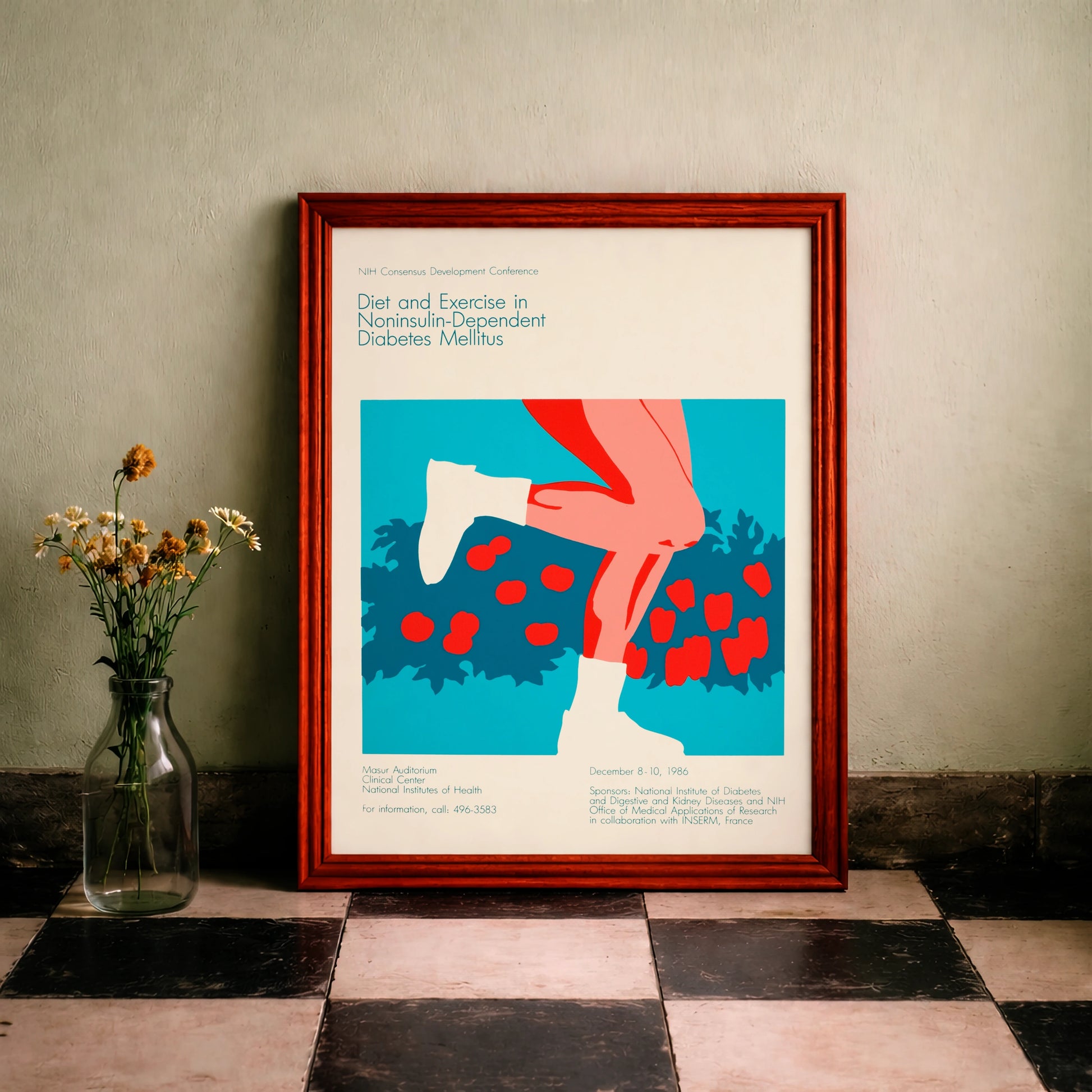 Grafisches Retro-Poster in T&uuml;rkis, Rot und Wei&szlig; mit medizinischem Text.