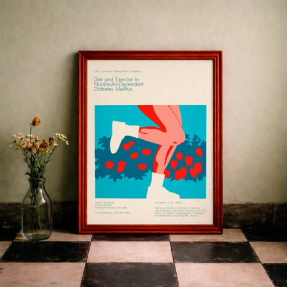 Grafisches Retro-Poster in T&uuml;rkis, Rot und Wei&szlig; mit medizinischem Text.