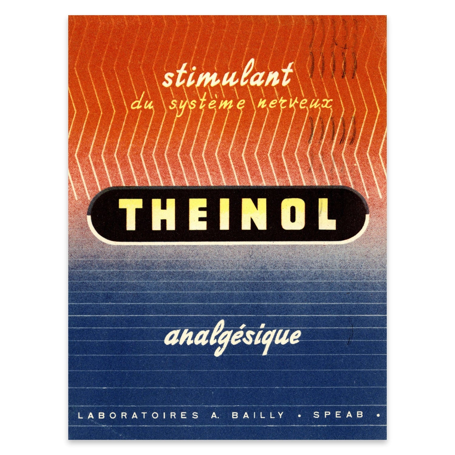 Französisches Grafik-Poster Theinol mit stilisierten Nervenimpulsen und horizontalen Linien.