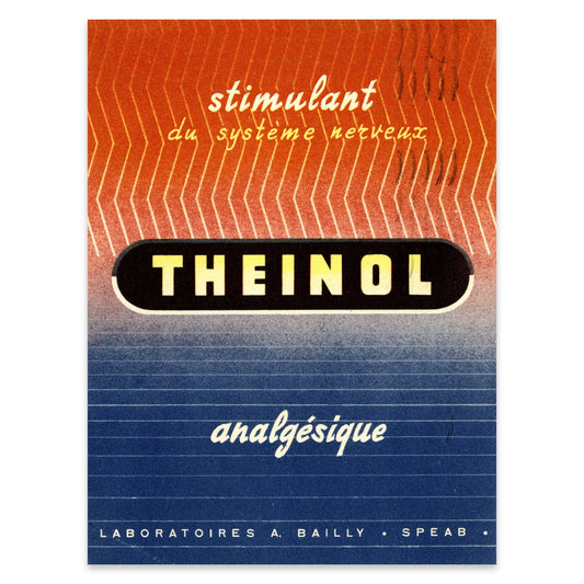 Französisches Grafik-Poster Theinol mit stilisierten Nervenimpulsen und horizontalen Linien.