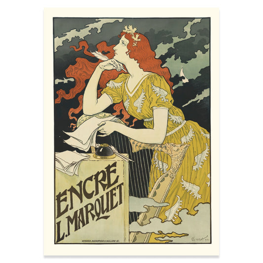 Detailreiche Illustration einer Frau in nachdenklicher Pose, Art Nouveau Kunstdruck.