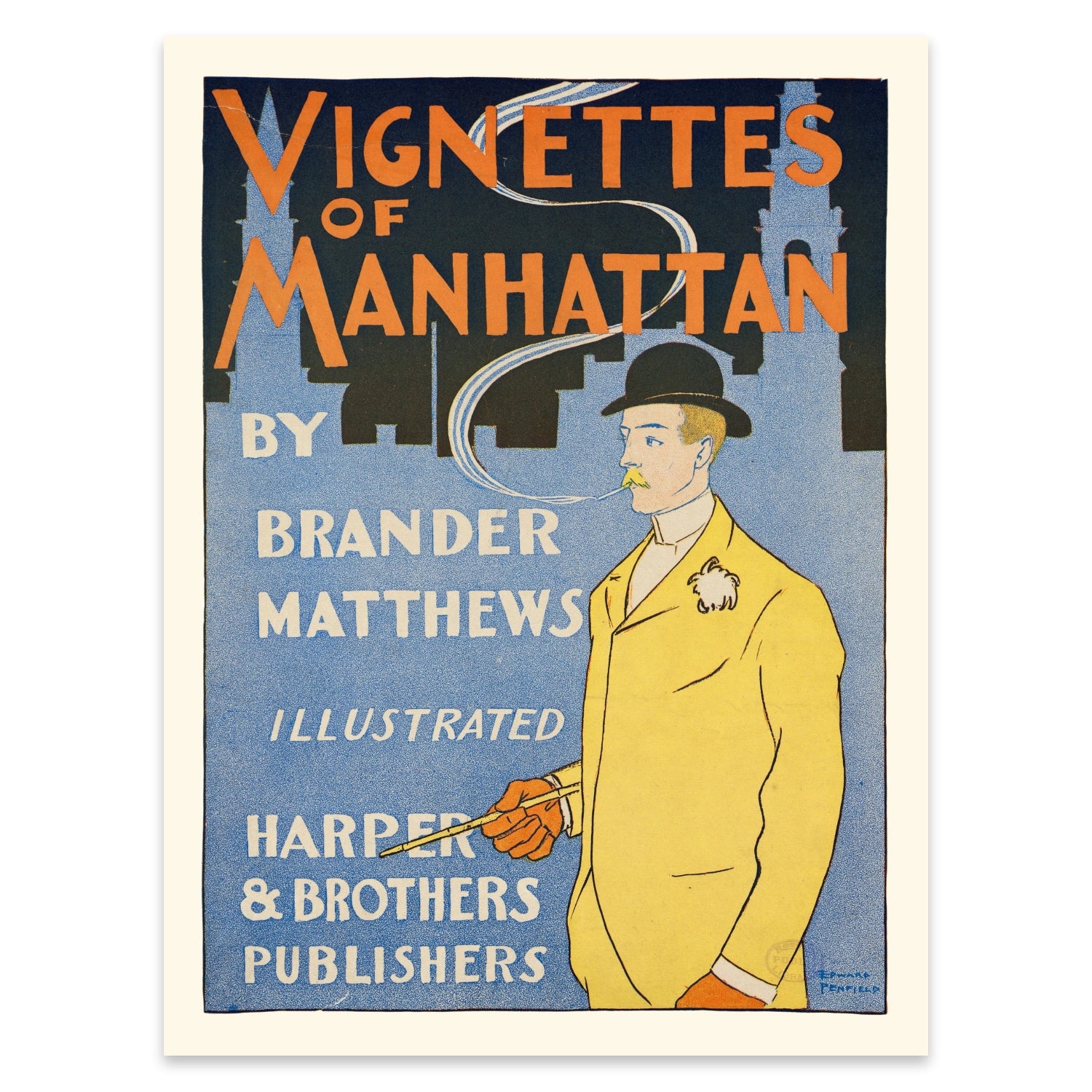 Historisches New York City Kunstplakat mit rauchendem Gentleman im Profil.