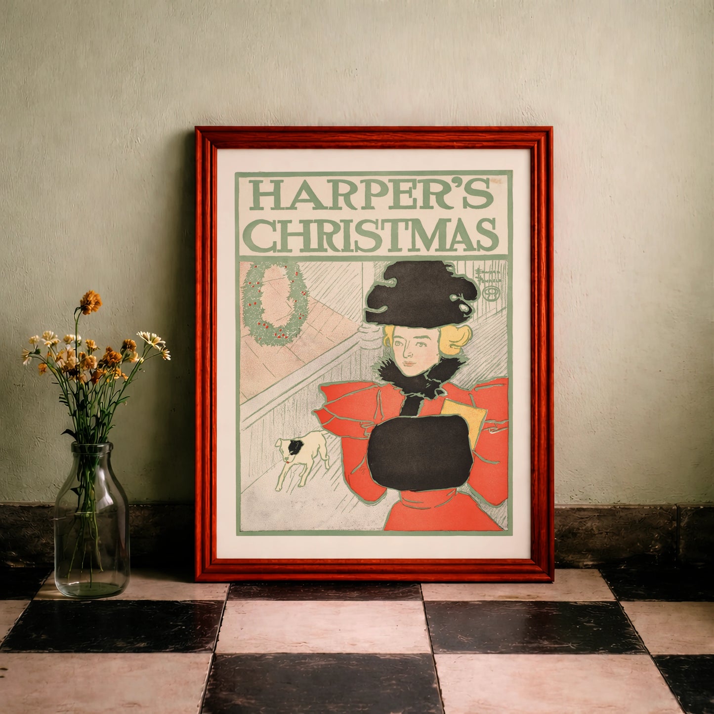 Harper's Christmas Poster von Edward Penfield aus dem Jahr 1896 mit einer Frau in rotem Mantel.