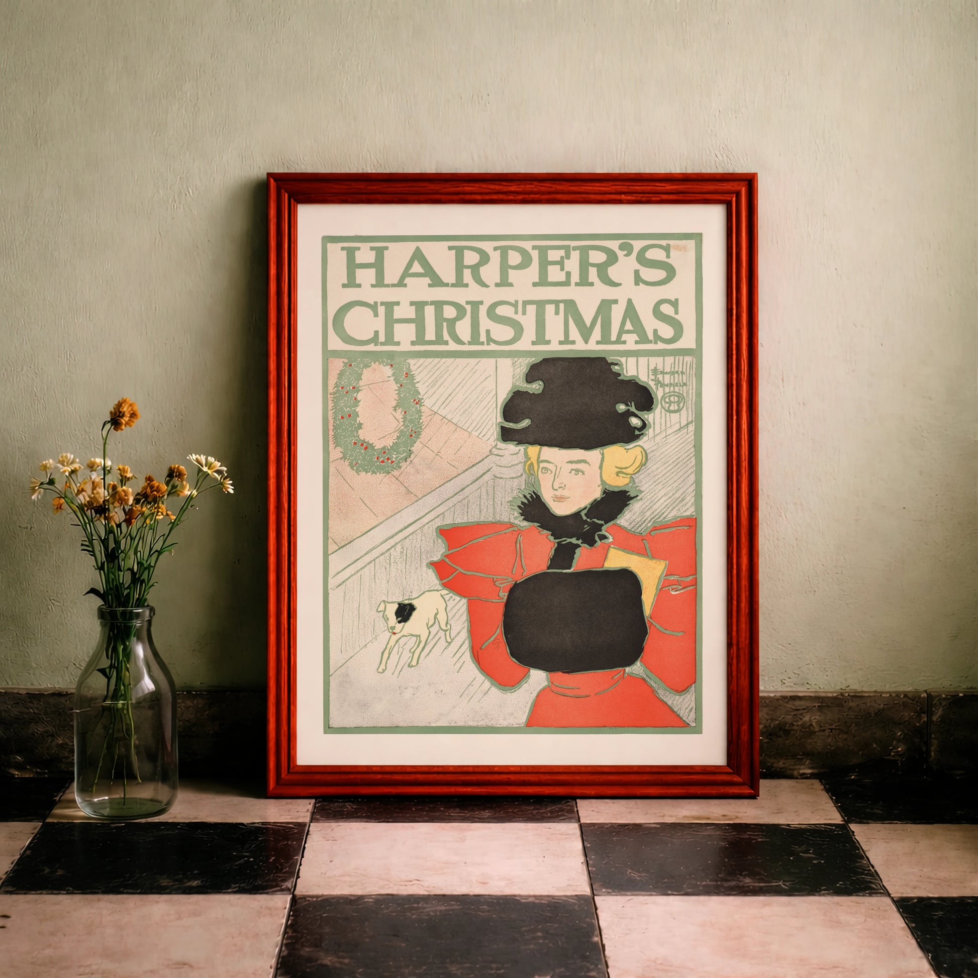 Harper's Christmas Poster von Edward Penfield aus dem Jahr 1896 mit einer Frau in rotem Mantel.