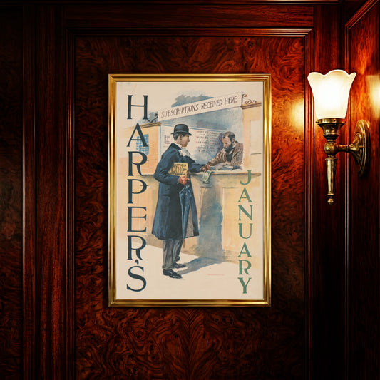 Vintage Poster von Harper's Magazine Januar 1893 zeigt einen Mann mit Melone am Zeitungskiosk.