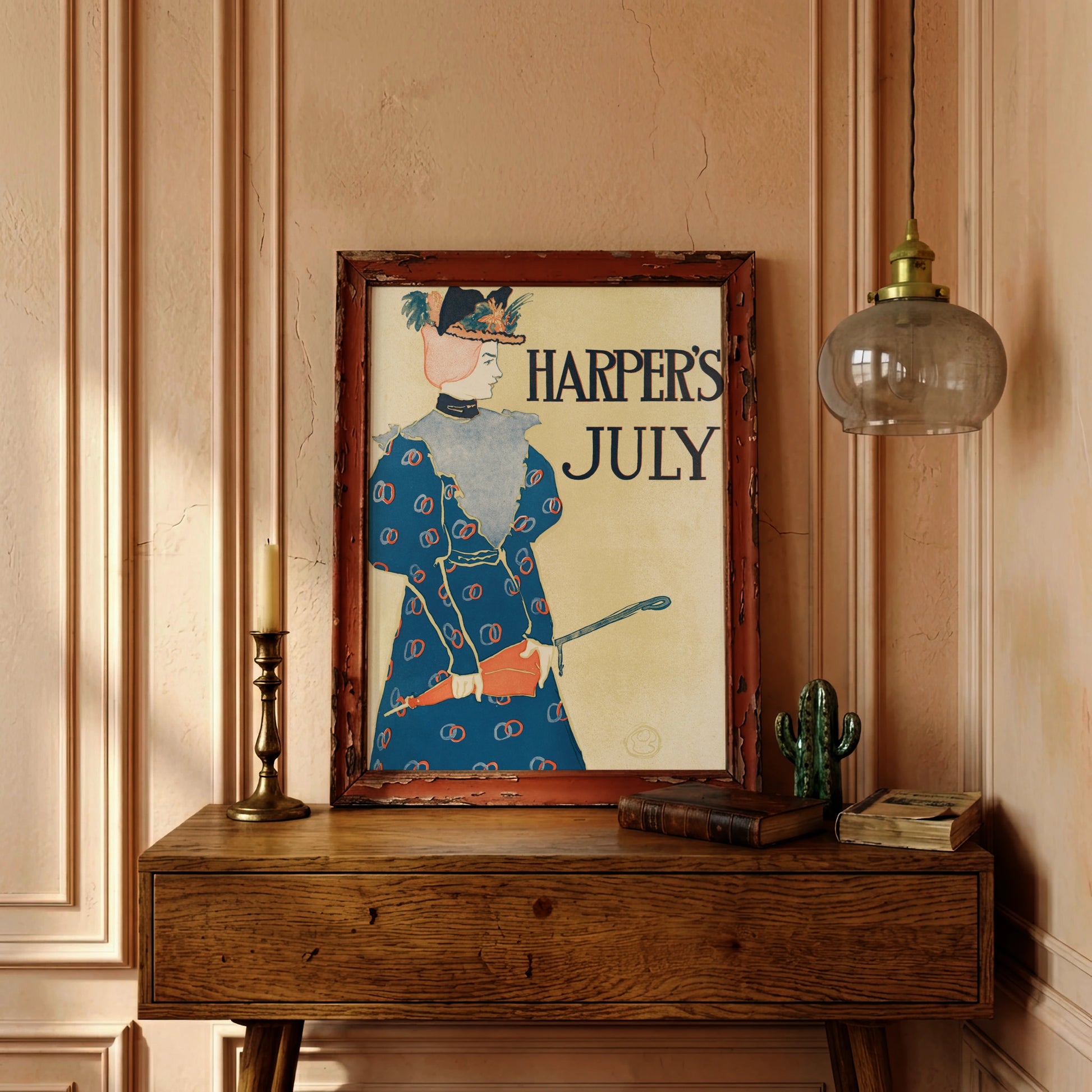 Vintage Poster von Harper’s July 1896 zeigt eine Frau in einem blauen gemusterten Kleid mit Hut.