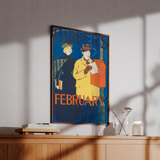 Detailansicht der Typografie Harpers February auf einem historischen Kunstplakat.