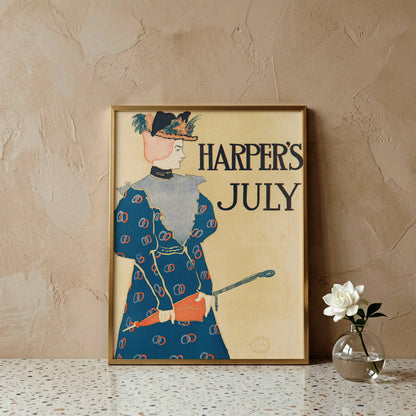 Nahaufnahme der Typografie 'Harper's July' auf einem historischen Magazincover-Kunstdruck.