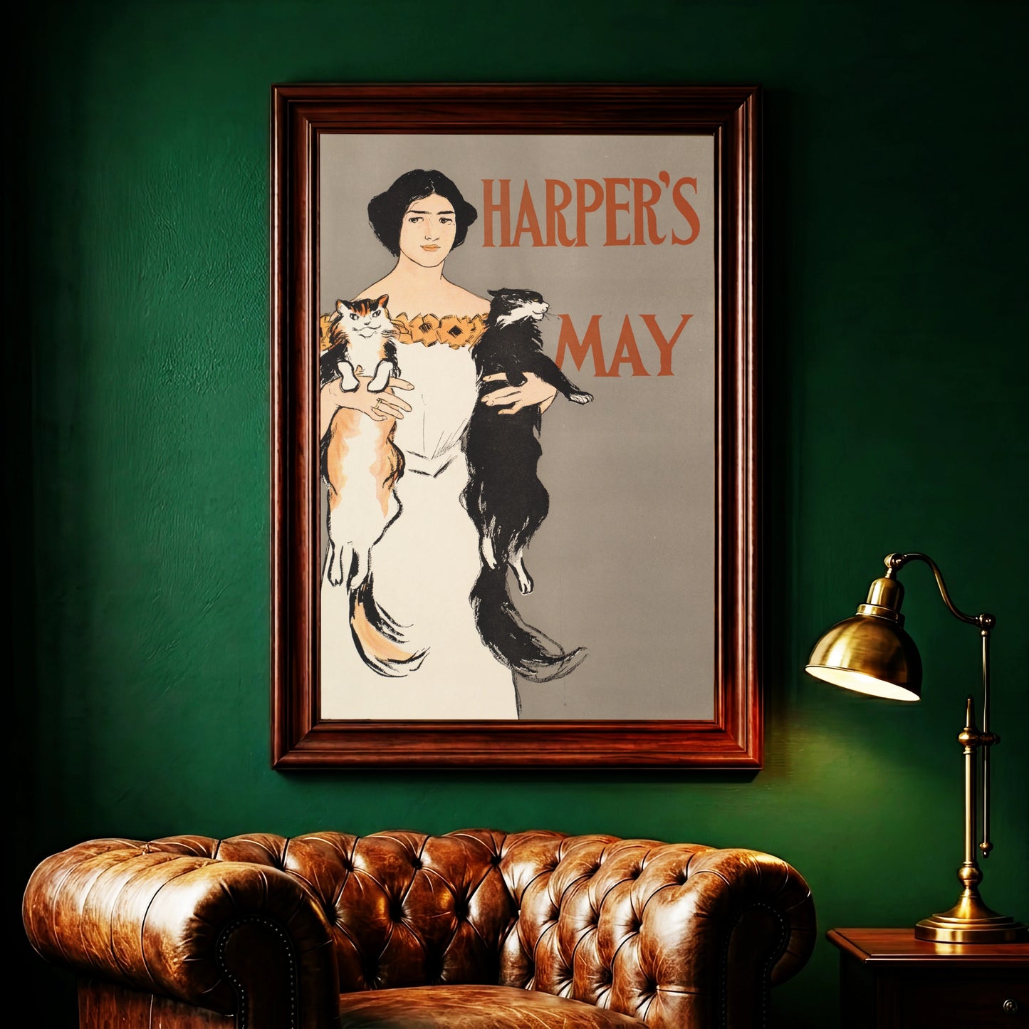 Vintage Poster Harper's May 1896 von Edward Penfield zeigt eine Frau mit zwei Katzen.