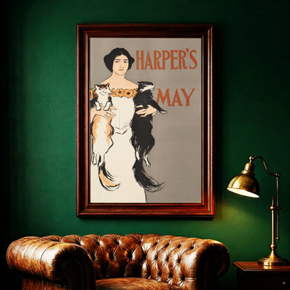 Vintage Poster Harper's May 1896 von Edward Penfield zeigt eine Frau mit zwei Katzen.