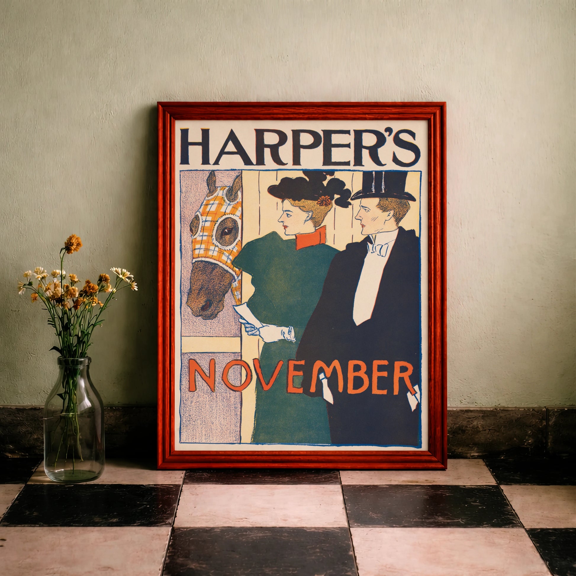 Harper's November 1895 Cover-Illustration von Edward Penfield mit eleganter Dame und Herr.