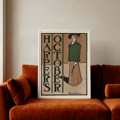 Harper's Magazine Cover Oktober 1897 von Edward Penfield mit einer eleganten Frau in grüner Jacke.