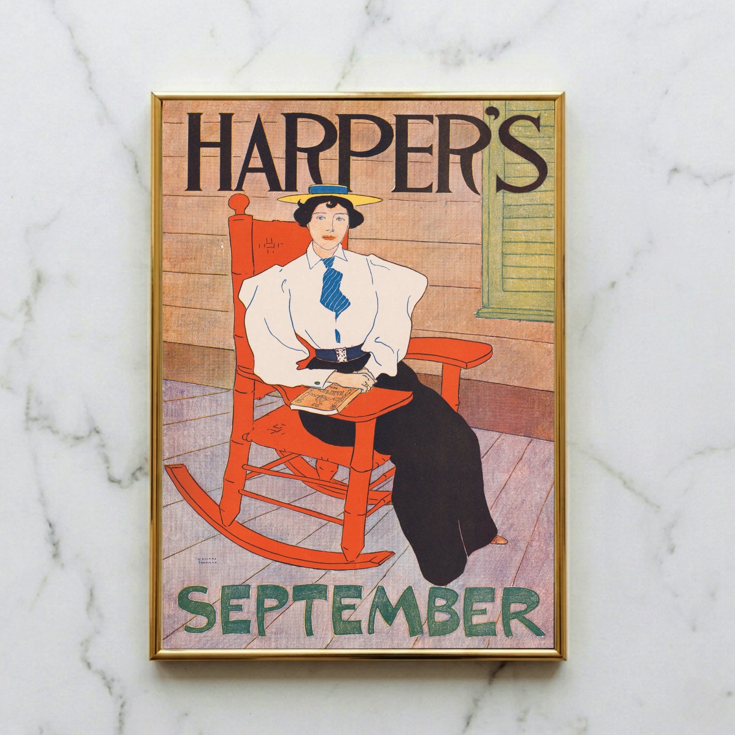 Vintage Poster Harper's September 1894 von Edward Penfield mit einer Frau im roten Schaukelstuhl.