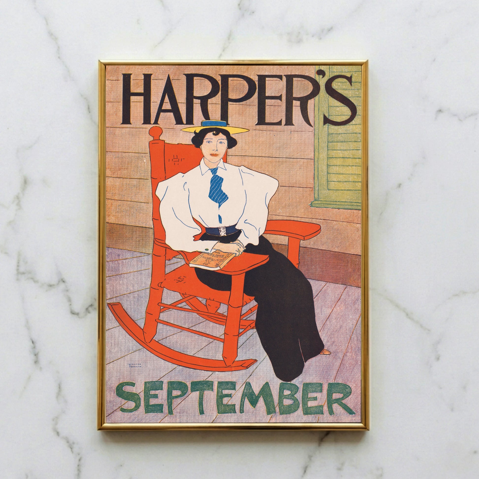 Vintage Poster Harper's September 1894 von Edward Penfield mit einer Frau im roten Schaukelstuhl.