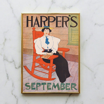 Vintage Poster Harper's September 1894 von Edward Penfield mit einer Frau im roten Schaukelstuhl.