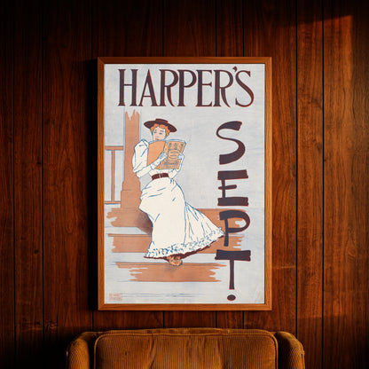 Vintage-Illustration von Edward Penfield für Harper's September 1893, eine Frau in weißem Kleid liest eine Zeitschrift.