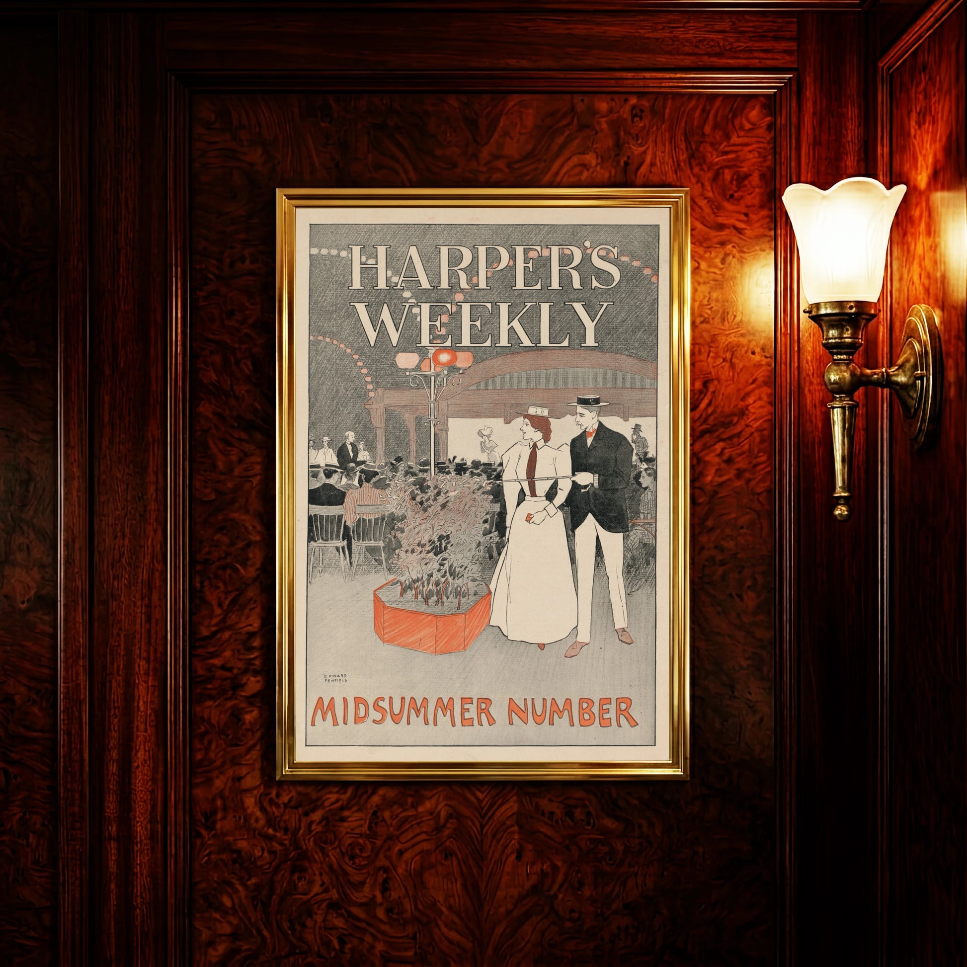 Edward Penfield Kunstplakat mit klassischer Typografie von Harper's Weekly in Braun und Orange.