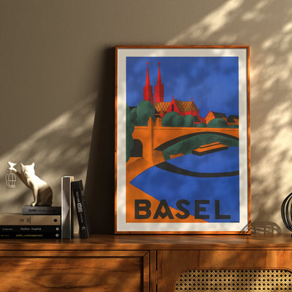 Grafische Darstellung der Stadt Basel im Stil der späten 1920er Jahre.