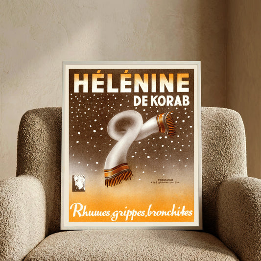Französisches Vintage-Poster Hélénine de Korab mit Illustration eines Schals im Schneesturm.