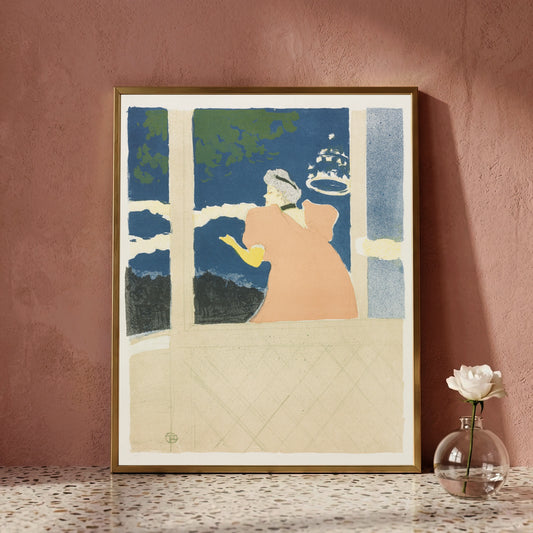 Vintage Kunstposter Aux Ambassadeurs von 1894 in Blau, Beige und Pfirsichtönen.