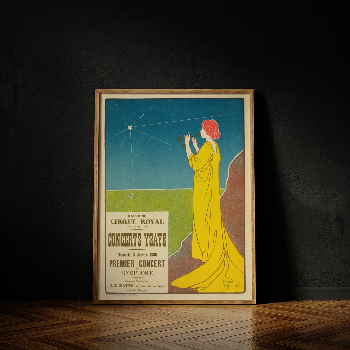 Art Nouveau Plakat von Henri Meunier mit einer Frau in gelbem Kleid, die Flöte spielt.