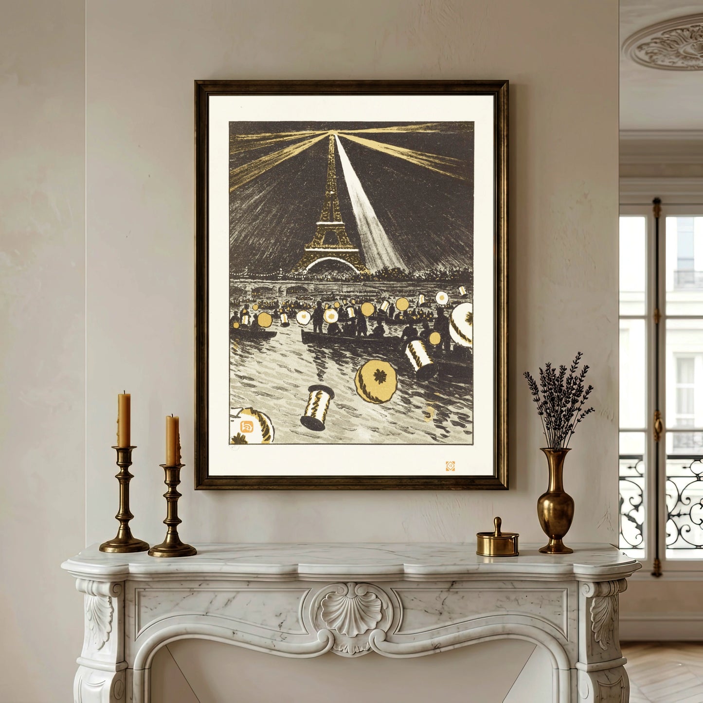 Lithografie von Henri Rivière zeigt den Eiffelturm bei Nacht mit Lichtkegeln über der Seine.
