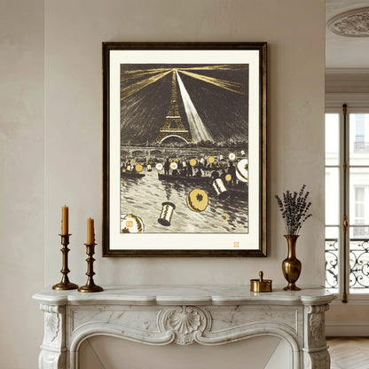 Lithografie von Henri Rivière zeigt den Eiffelturm bei Nacht mit Lichtkegeln über der Seine.