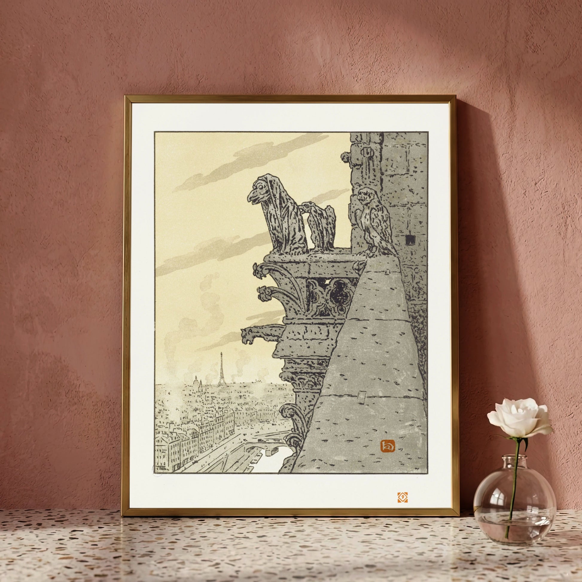 Gargoyles von Notre-Dame überblicken die Stadt Paris, Lithografie von Henri Rivière.