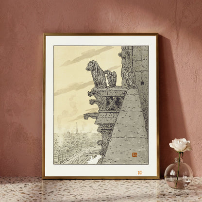 Gargoyles von Notre-Dame überblicken die Stadt Paris, Lithografie von Henri Rivière.