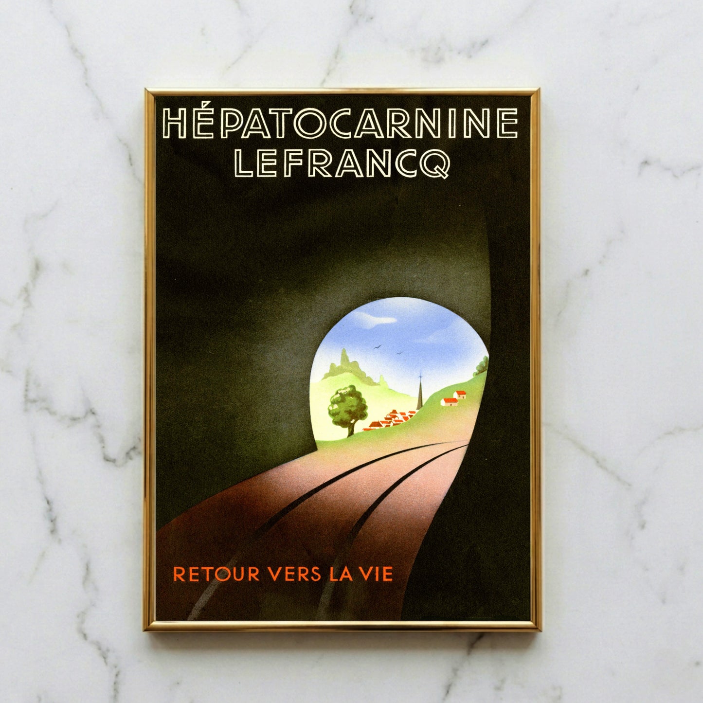 Vintage-Werbeplakat für Hépatocarnine Lefrancq mit Blick aus einem dunklen Tunnel in eine sonnige Landschaft.
