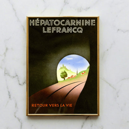 Vintage-Werbeplakat für Hépatocarnine Lefrancq mit Blick aus einem dunklen Tunnel in eine sonnige Landschaft.