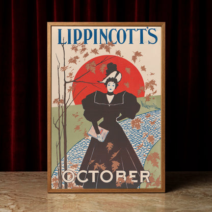 Vintage amerikanisches Werbeplakat für das Lippincott’s Magazine mit herbstlichen Blättern.