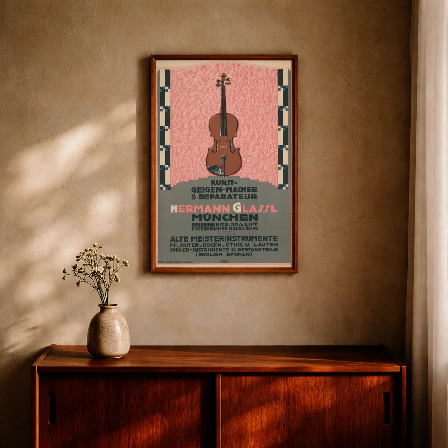 Historisches Werbeposter im Art und Craft Stil für Musikinstrumente und Reparatur.